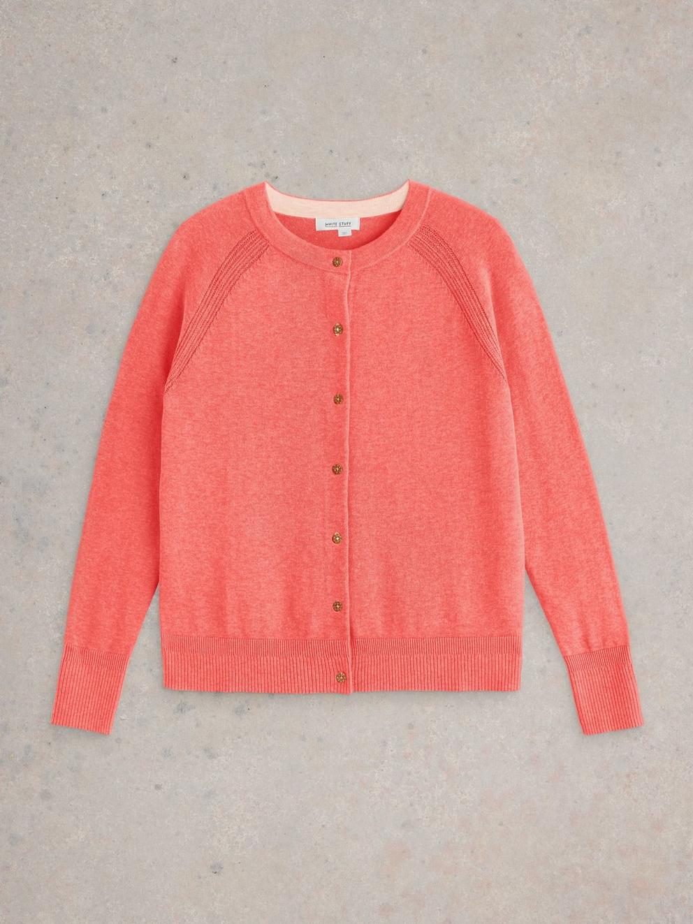 LULU CREW NECK CARDI in MID CORAL - FLAT FRONT