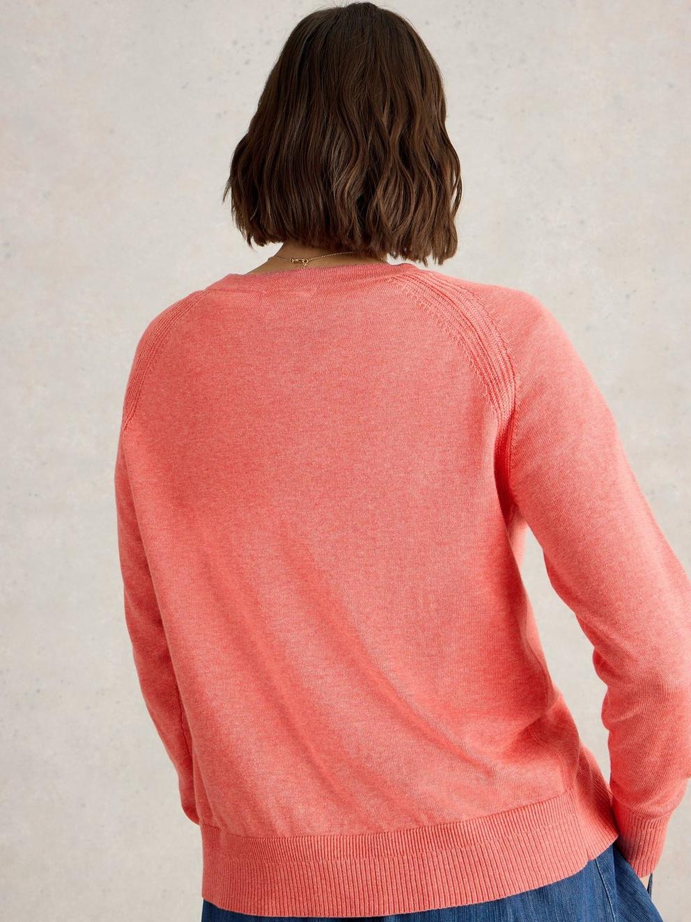 LULU CREW NECK CARDI in MID CORAL - MODEL BACK