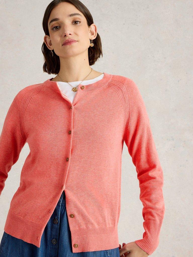 LULU CREW NECK CARDI in MID CORAL - MODEL DETAIL