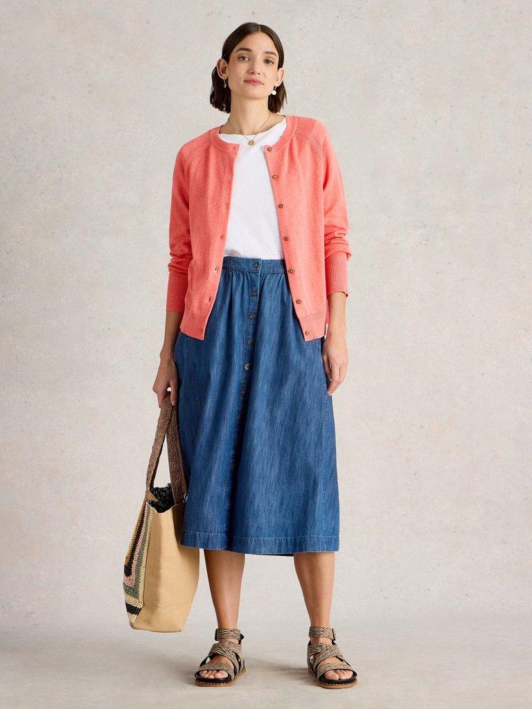 LULU CREW NECK CARDI in MID CORAL - MODEL FRONT