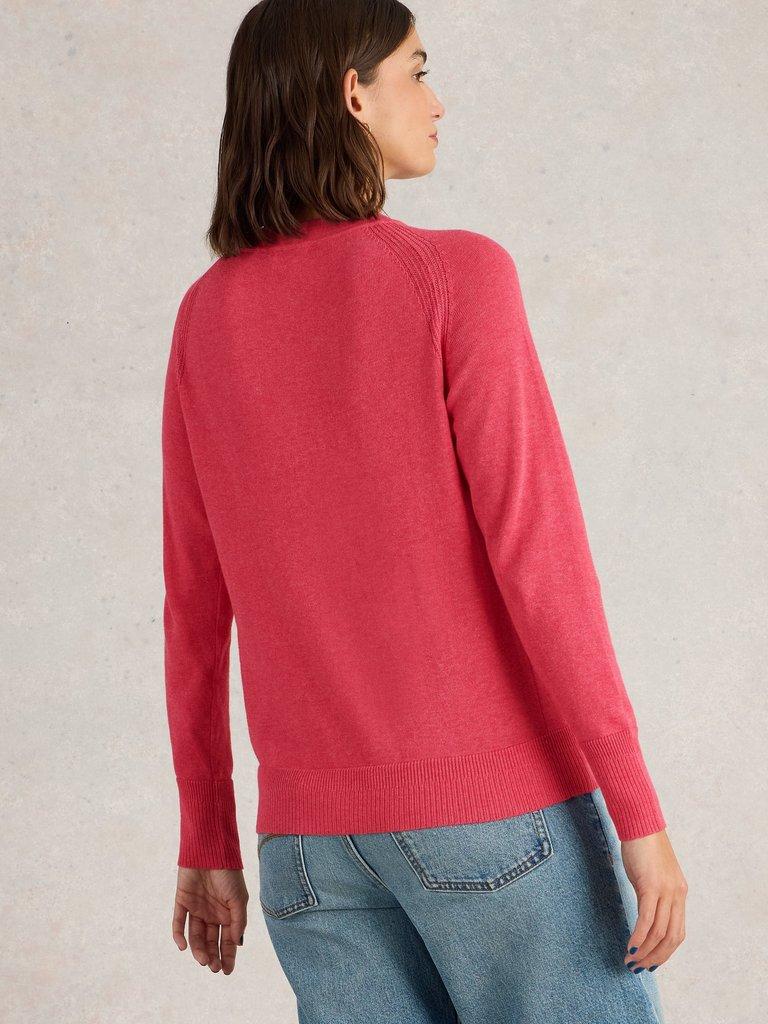 LULU CREW NECK CARDI in MID PINK - MODEL BACK