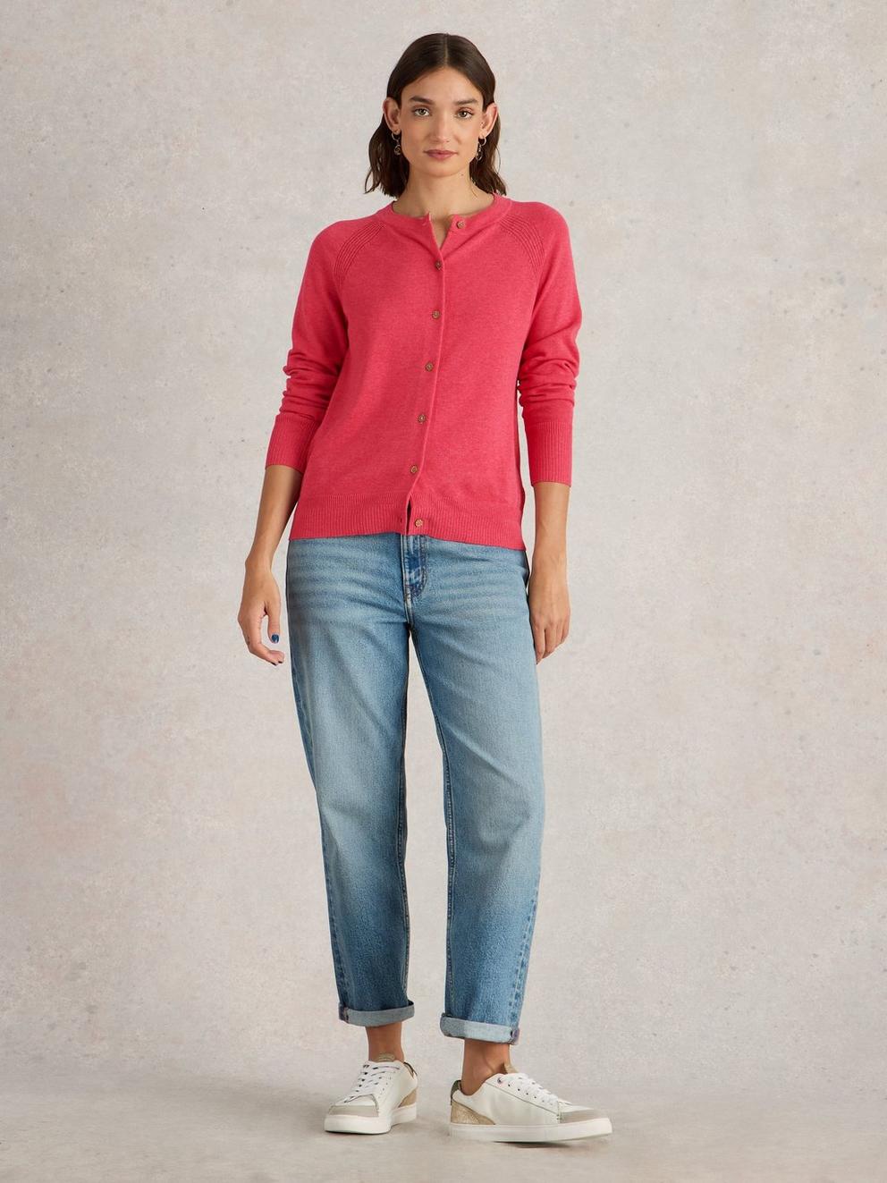 LULU CREW NECK CARDI in MID PINK - MODEL FRONT