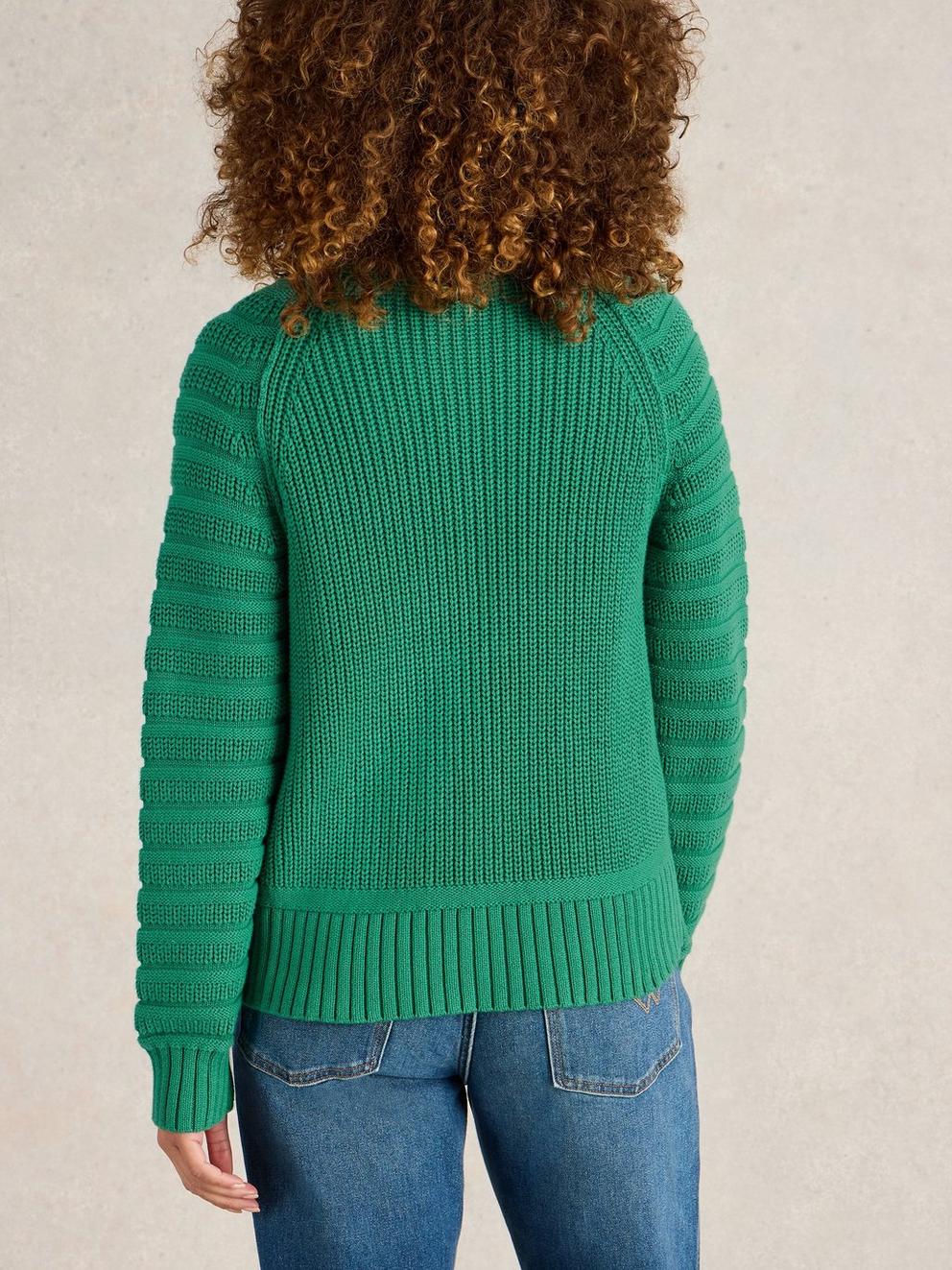 CINDY COTTON CARDI in BRT GREEN - MODEL BACK