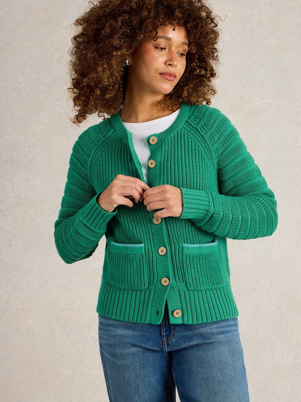 CINDY COTTON CARDI in BRT GREEN - MODEL DETAIL