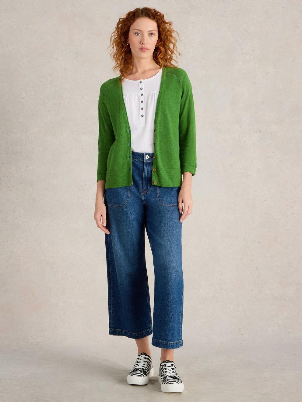 NARIA V NECK CARDI in BRT GREEN - MODEL FRONT