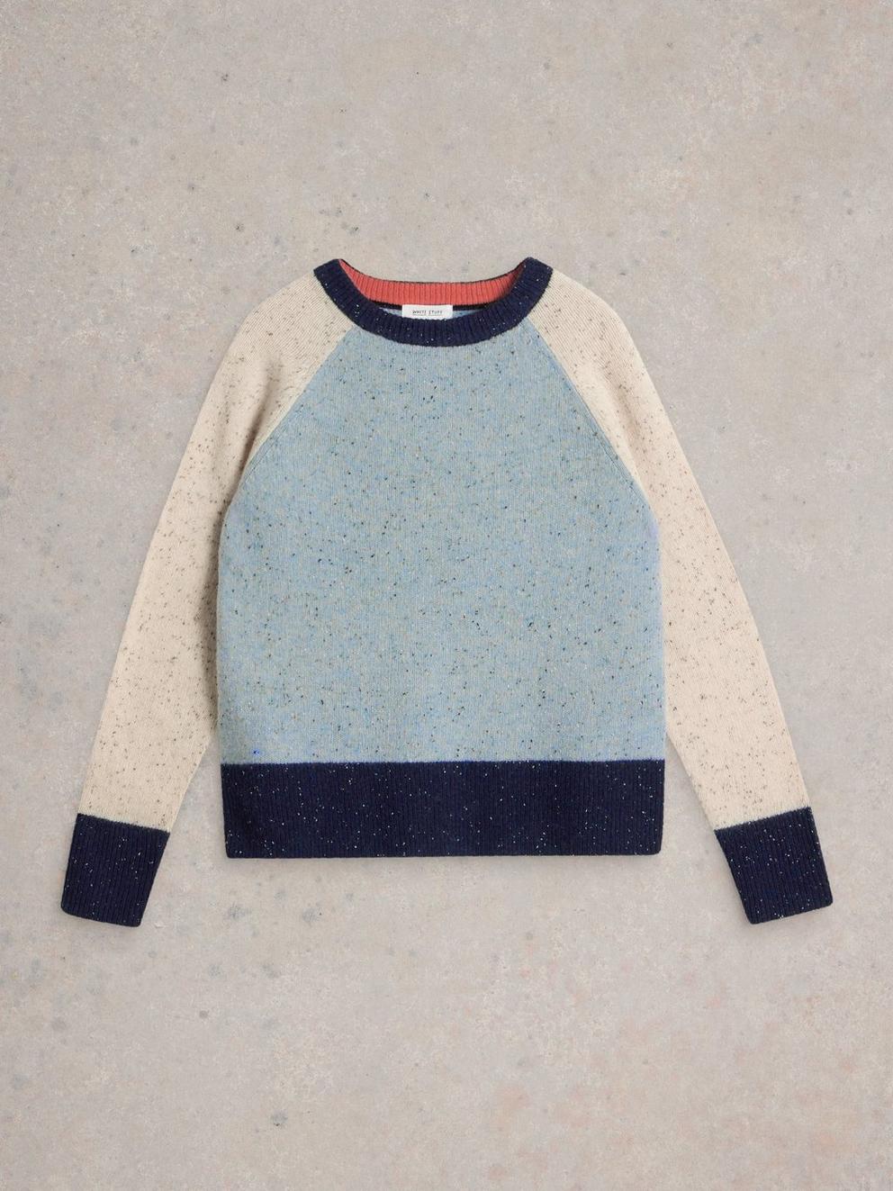 COLOURBLOCK WOOL NEP JUMPER in BLUE MLT - FLAT FRONT