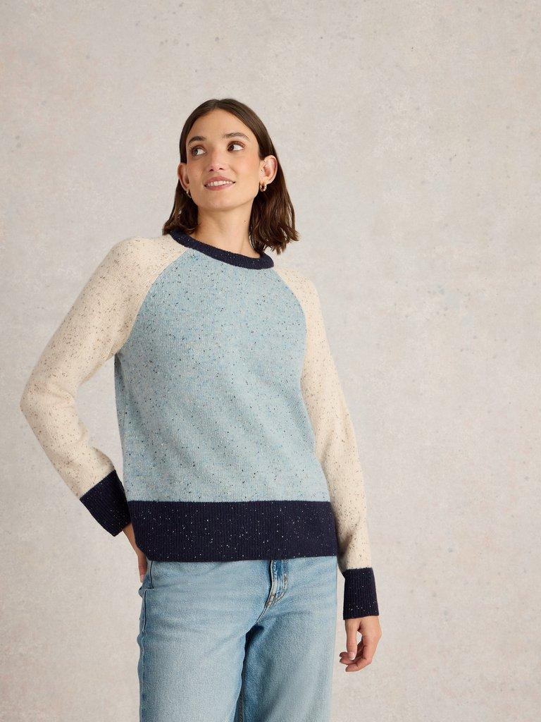 COLOURBLOCK WOOL NEP JUMPER in BLUE MLT - MODEL DETAIL