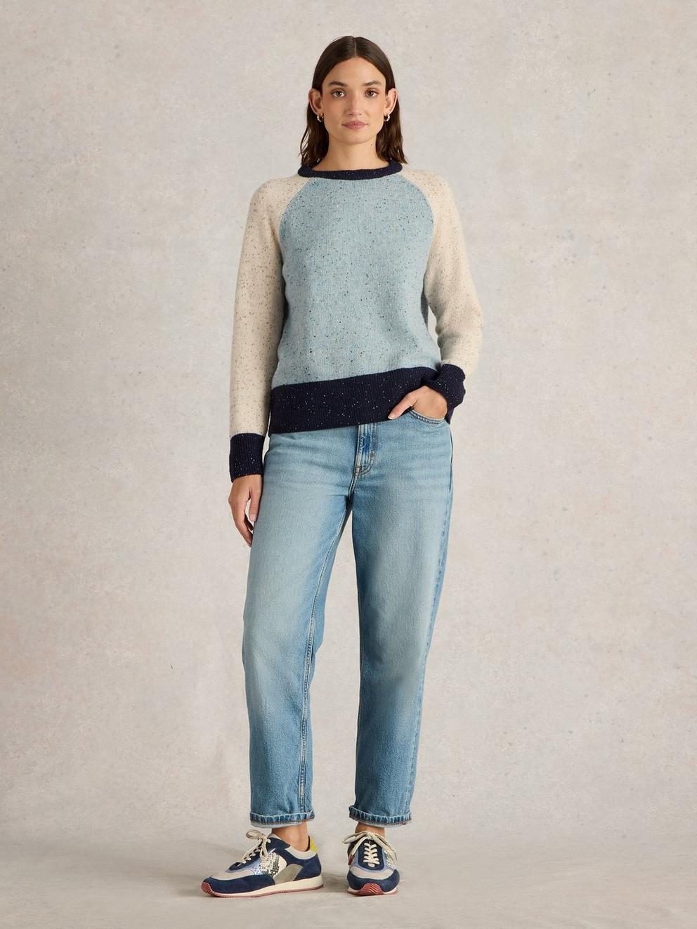 COLOURBLOCK WOOL NEP JUMPER in BLUE MLT - MODEL FRONT