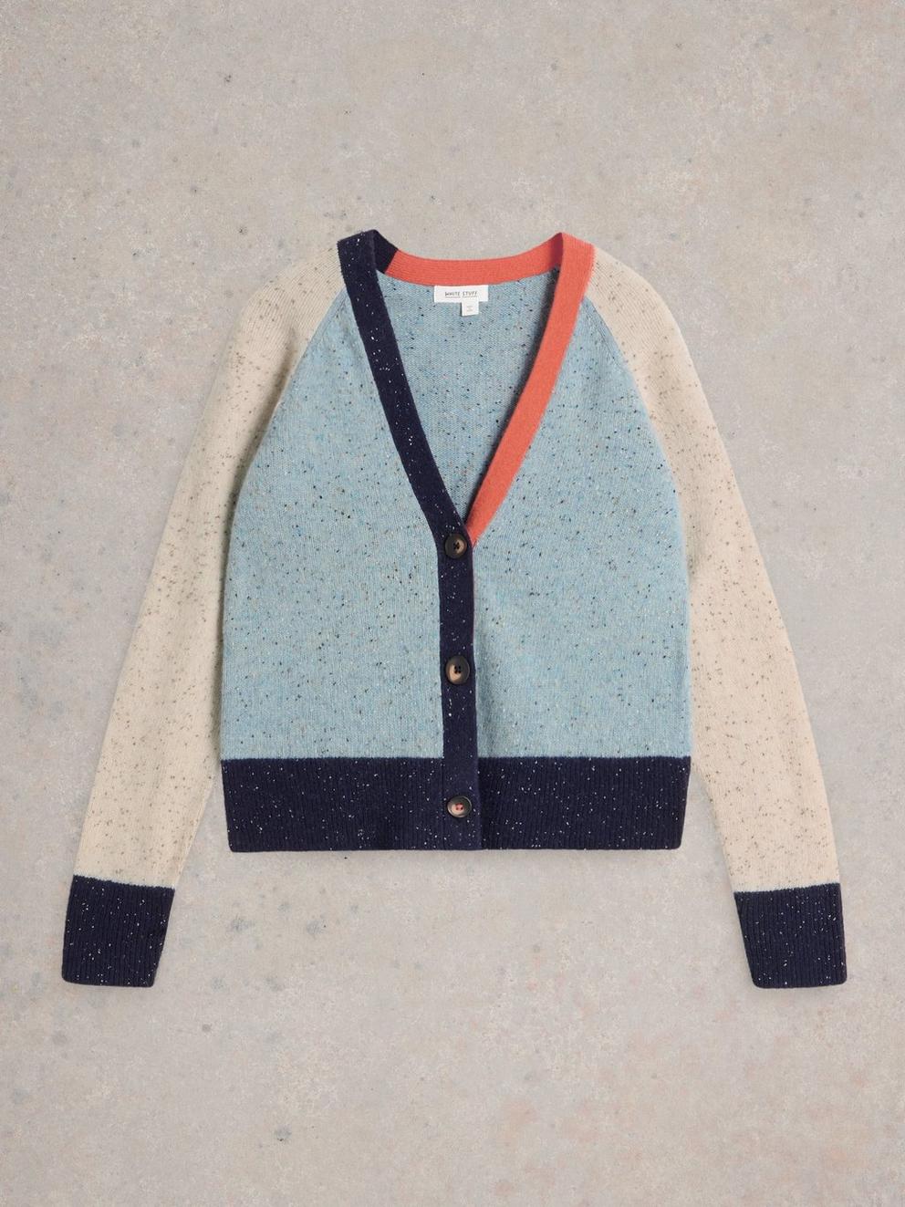 COLOURBLOCK WOOL NEP CARDI in BLUE MLT - FLAT FRONT