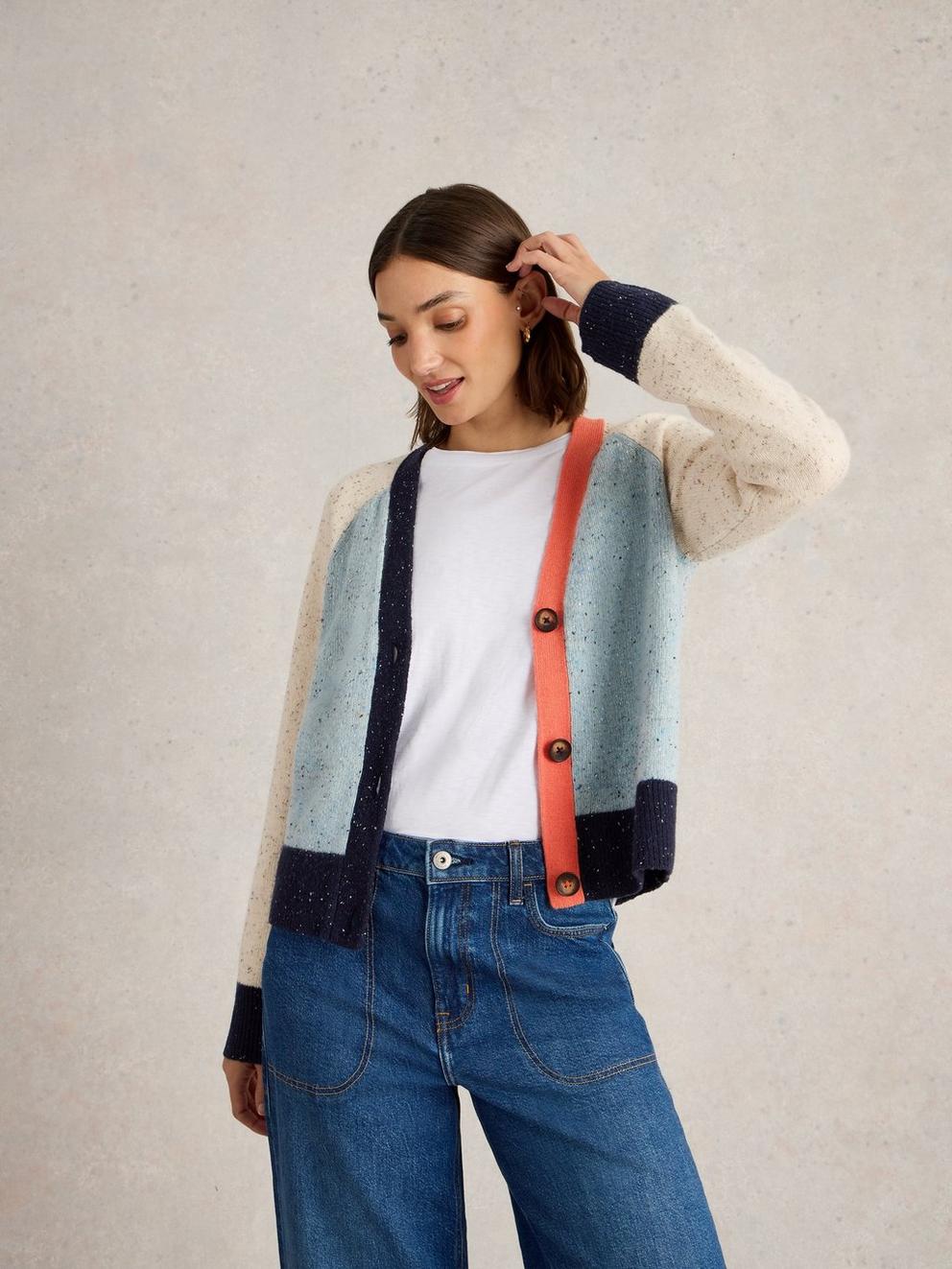 COLOURBLOCK WOOL NEP CARDI in BLUE MLT - LIFESTYLE