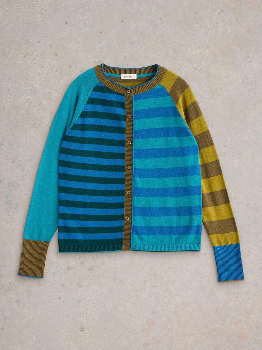 LULU STRIPED CREW NECK CARDI in BLUE MLT - FLAT FRONT