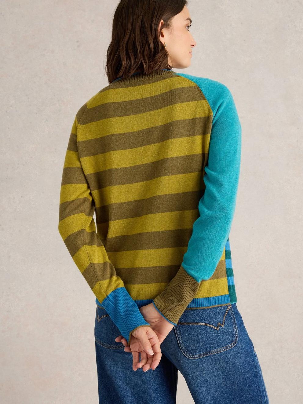LULU STRIPED CREW NECK CARDI in BLUE MLT - MODEL BACK
