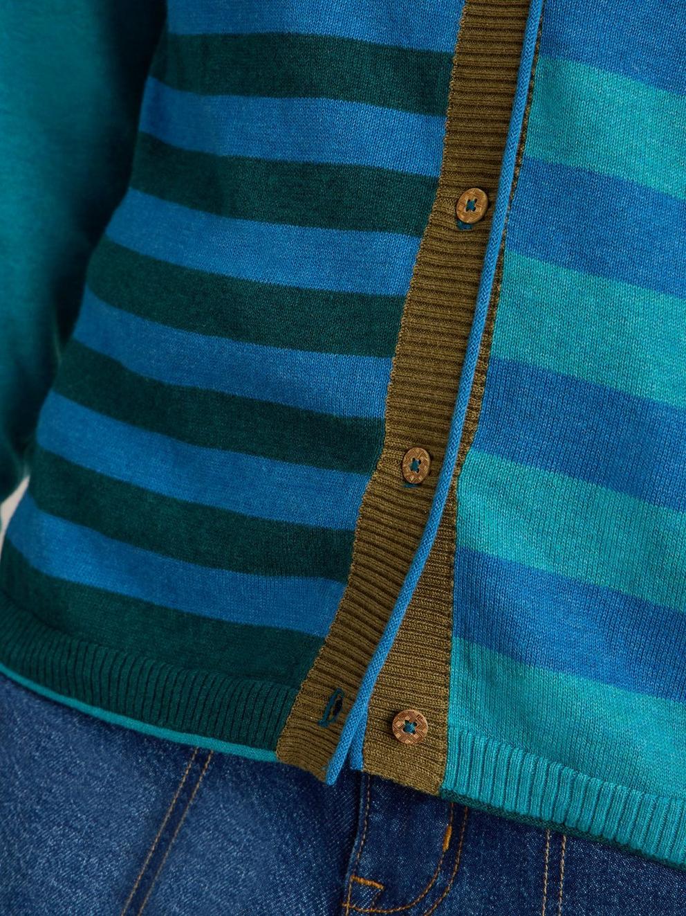 LULU STRIPED CREW NECK CARDI in BLUE MLT - MODEL DETAIL