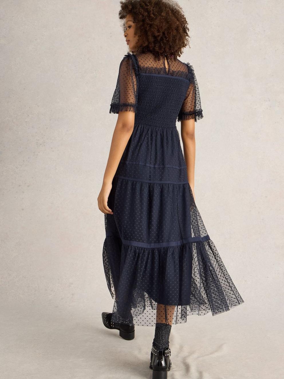 Nova Tulle Dress  in NAVY MULTI - MODEL BACK