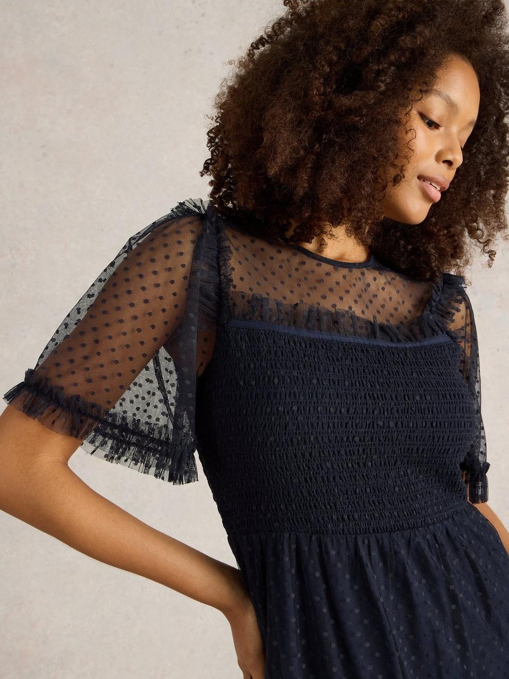 Nova Tulle Dress  in NAVY MULTI - MODEL DETAIL