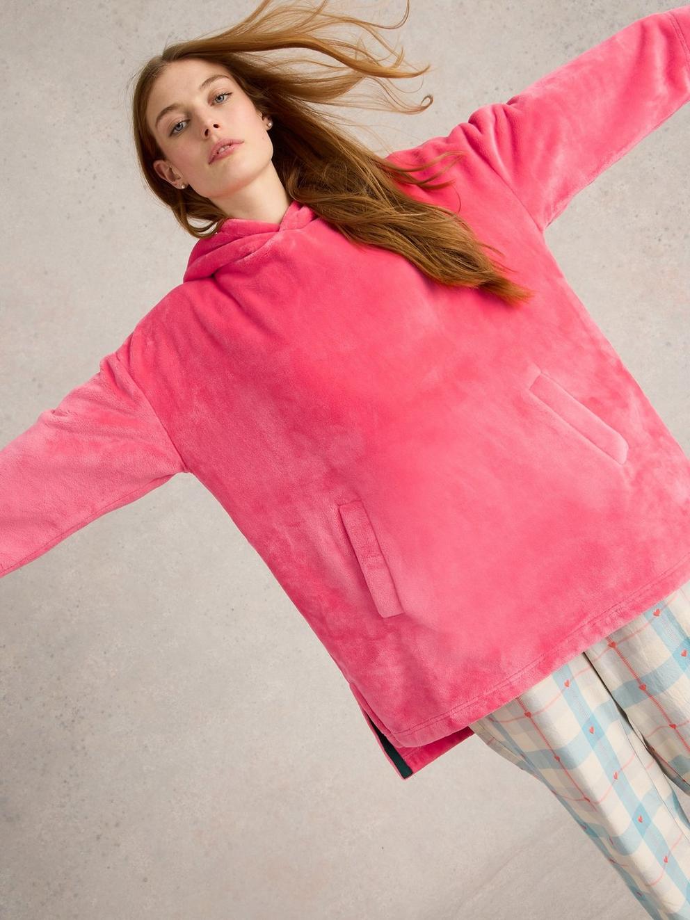 Clover Cosy Snuggle Hoodie in BRT PINK - MODEL DETAIL