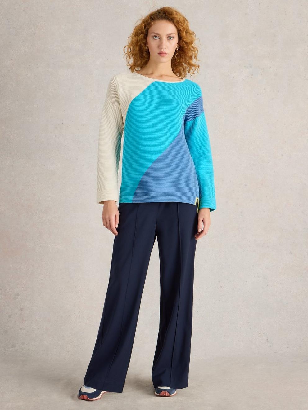 JANA ABSTRACT JUMPER in BRT BLUE - MODEL FRONT