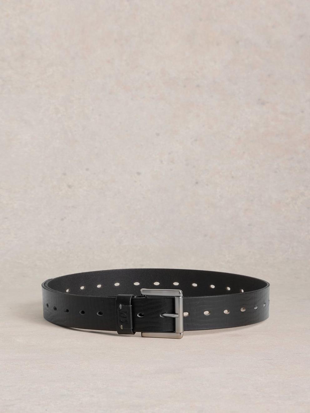 Multi Punch Leather Belt in PURE BLK - FLAT BACK