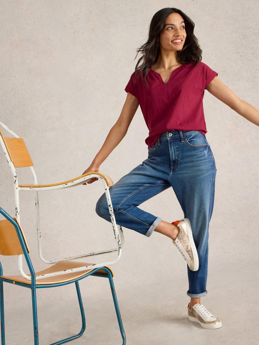NELLY NOTCH NECK T-SHIRT in MID PLUM - LIFESTYLE