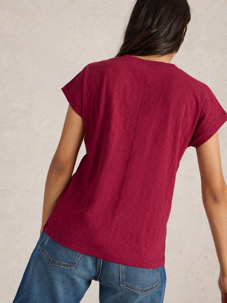 NELLY NOTCH ORGANIC COTTON NECK TEE in MID PLUM - MODEL BACK