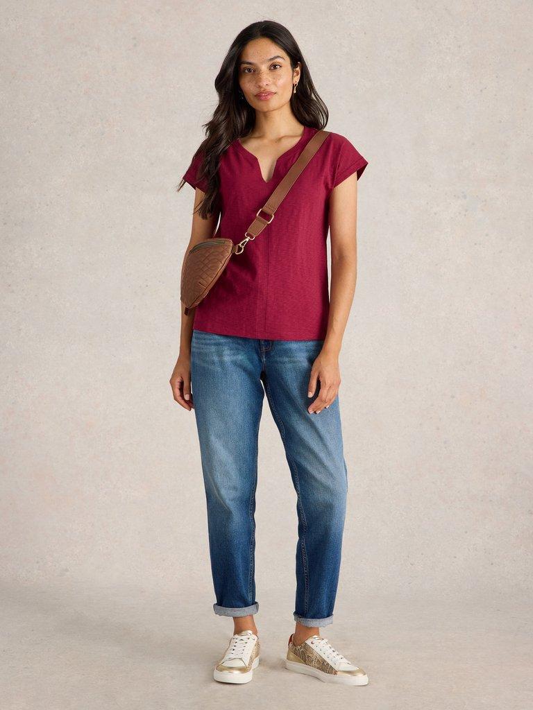 NELLY NOTCH ORGANIC COTTON NECK TEE in MID PLUM - MODEL FRONT