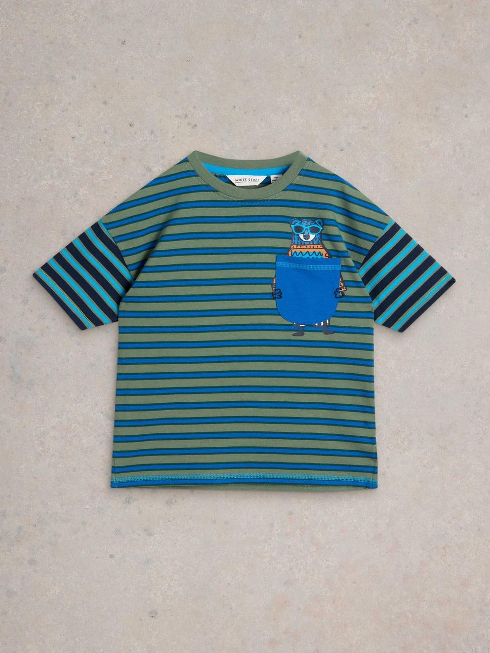 SS Bear Pocket Stripe Tee in BLUE MLT - FLAT FRONT