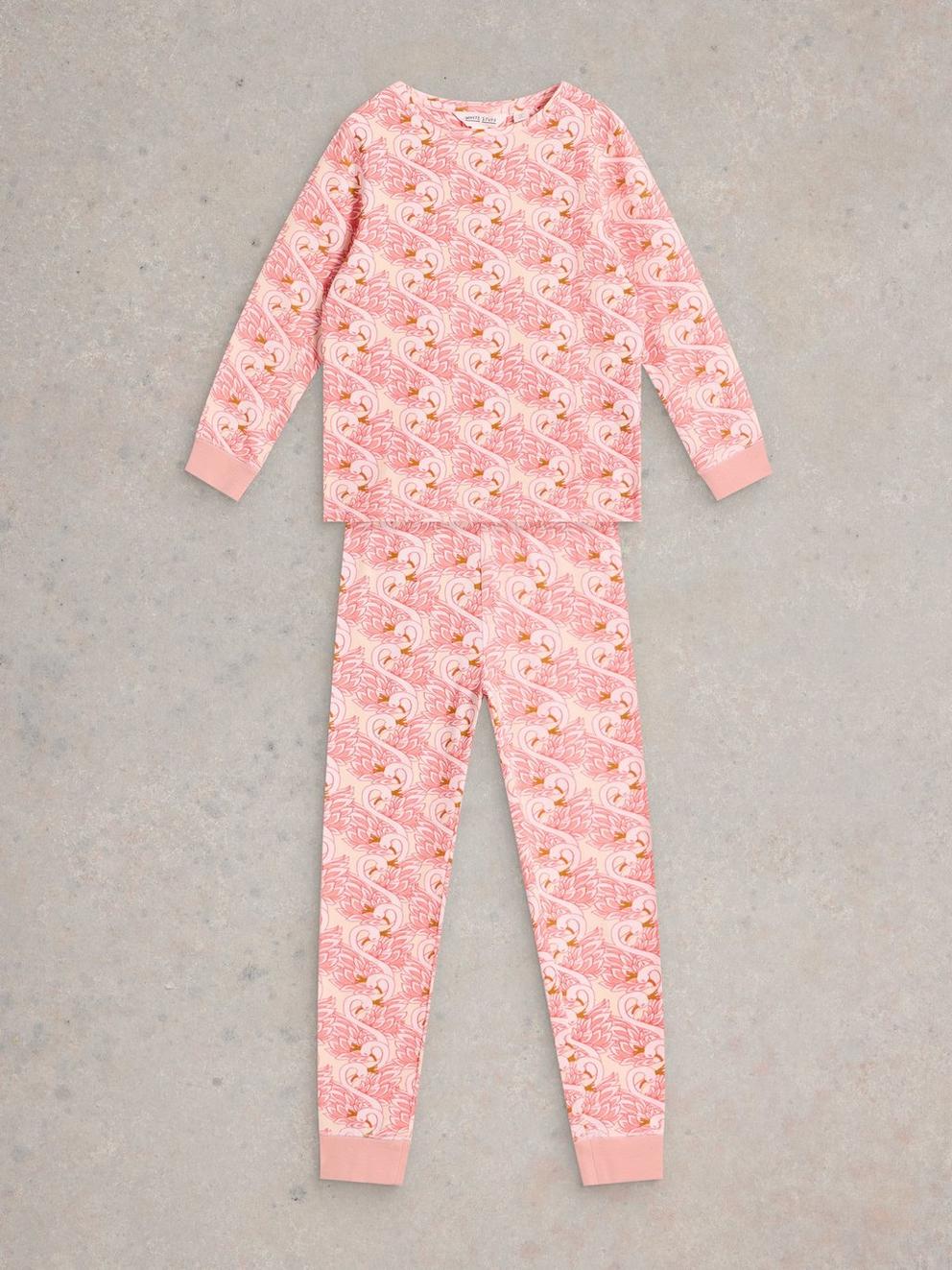 Girls Swan PJ Set in PINK PR - FLAT FRONT