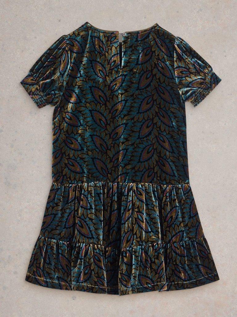 Girls Velvet Printed Dress in BLK PR - FLAT BACK