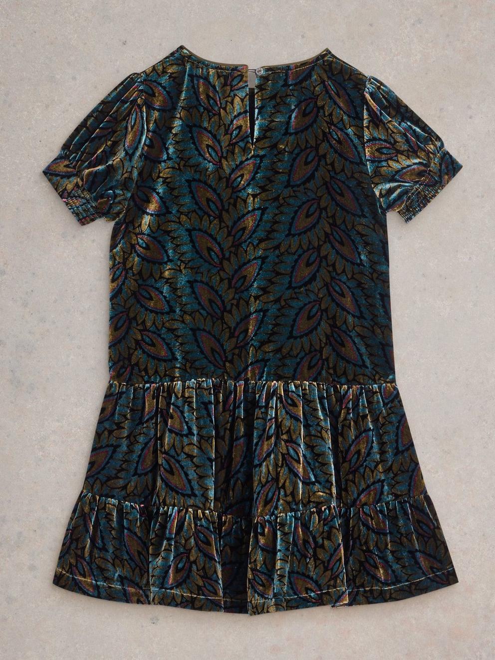 Girls Velvet Printed Dress in BLK PR - FLAT BACK