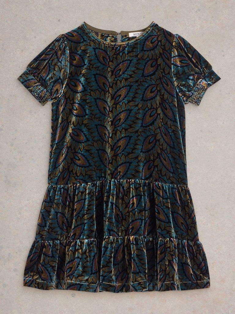 Girls Velvet Printed Dress in BLK PR - FLAT FRONT