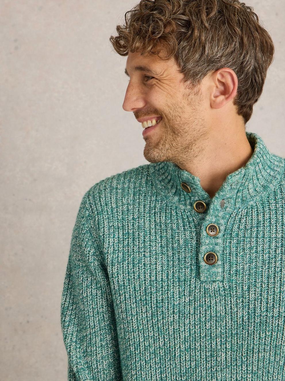 Rye Twisted Button Neck in GREEN MLT - MODEL DETAIL