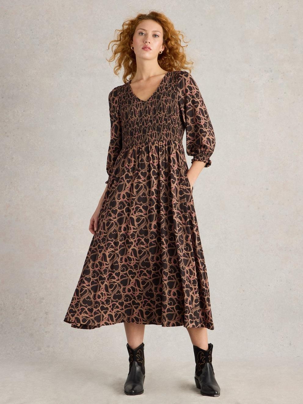 Emily Shirred Jersey Midi Dress in BLK PR - MODEL FRONT