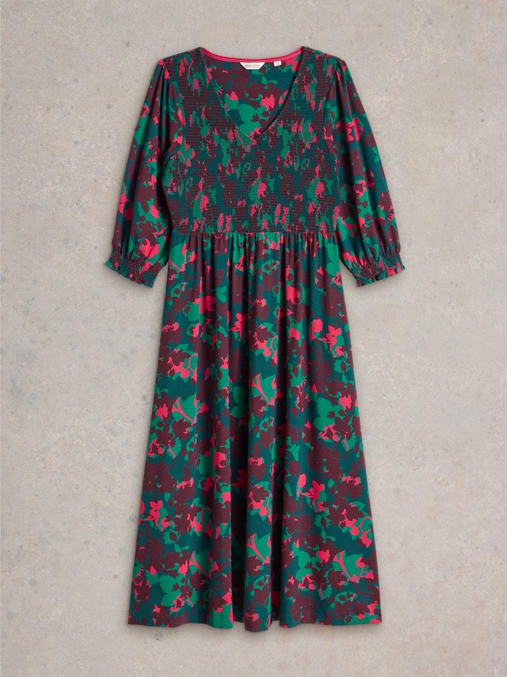 Emily Shirred Jersey Midi Dress in PLUM MLT - FLAT FRONT