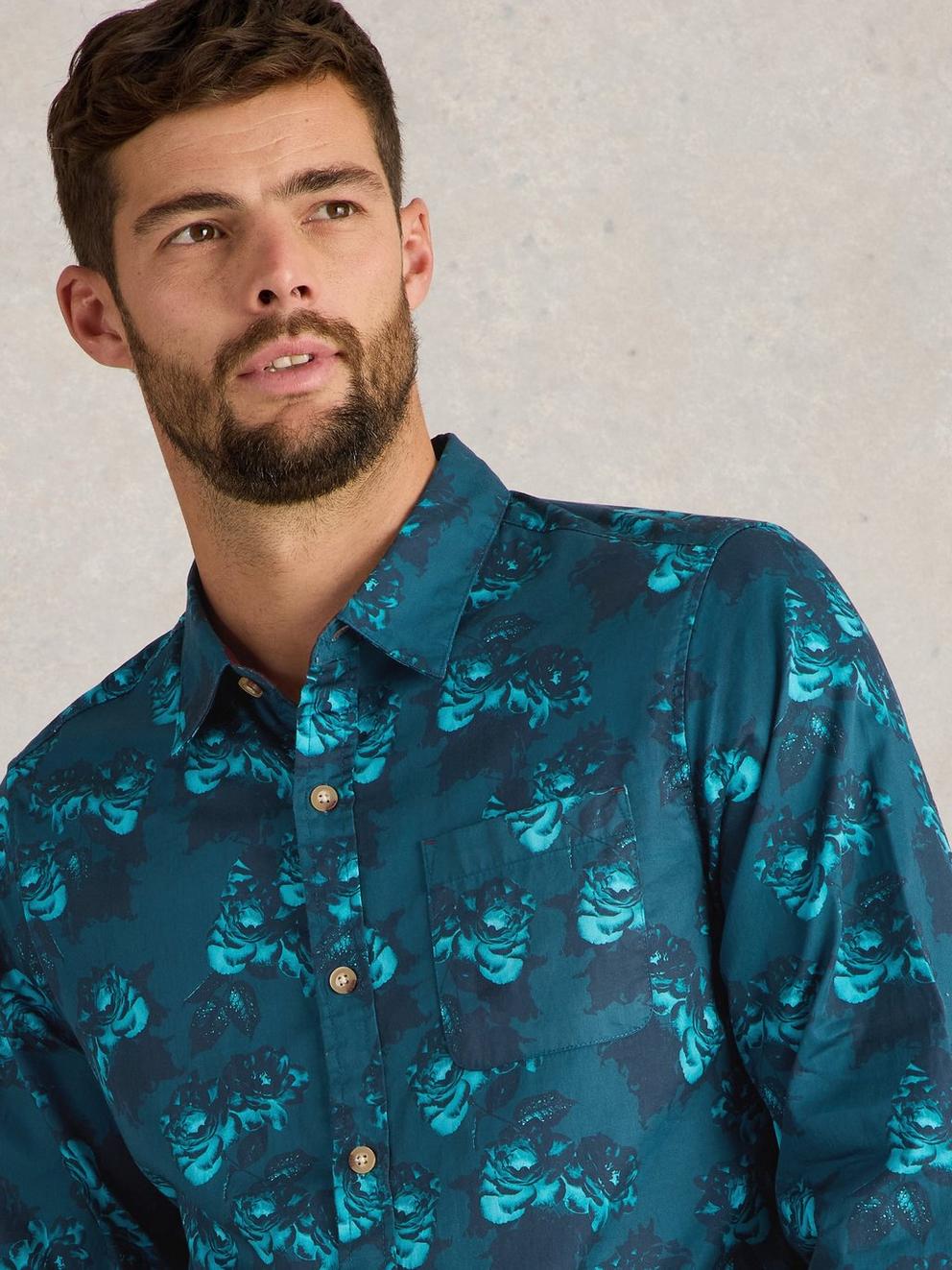 Dark Floral Printed Shirt in BLUE PR - MODEL DETAIL