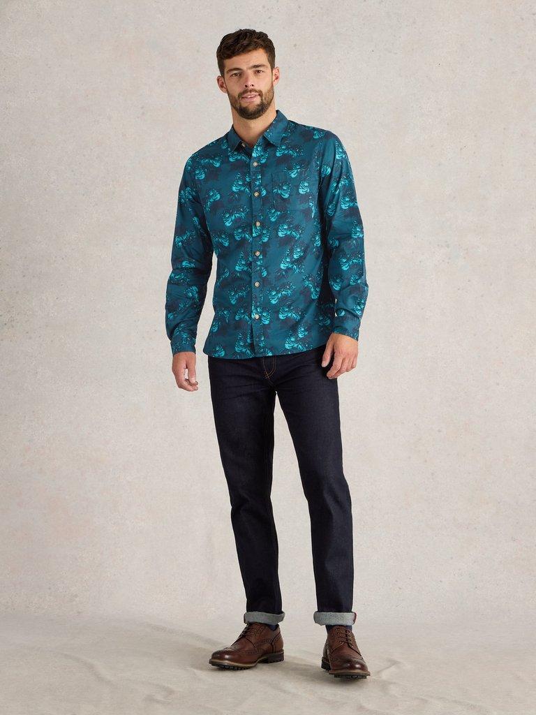 Dark Floral Printed Shirt in BLUE PR - MODEL FRONT