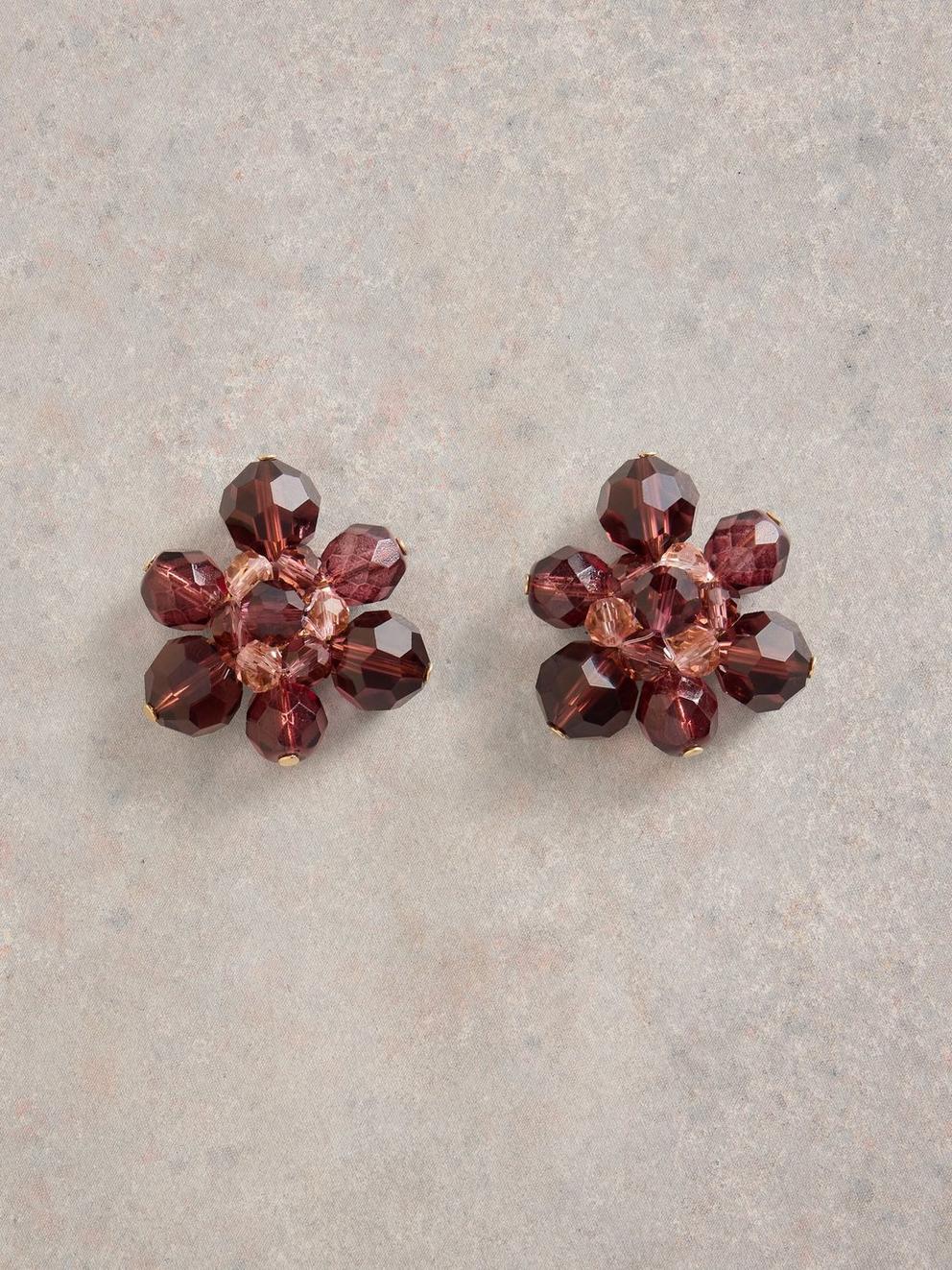 Floral Bead Stud Earring in PLUM MLT - FLAT FRONT