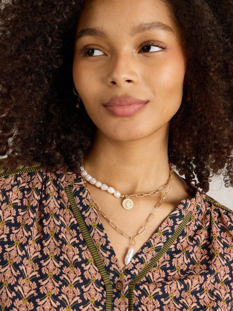 Pearl Multi Layer Necklace in GLD TN MET - MODEL FRONT