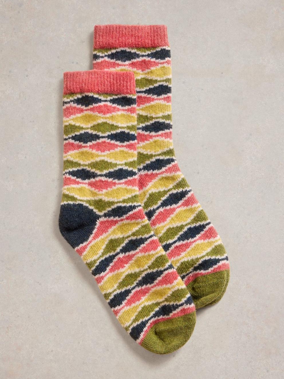 Wavy Diamond Wool Mix Sock in PINK MLT - FLAT FRONT