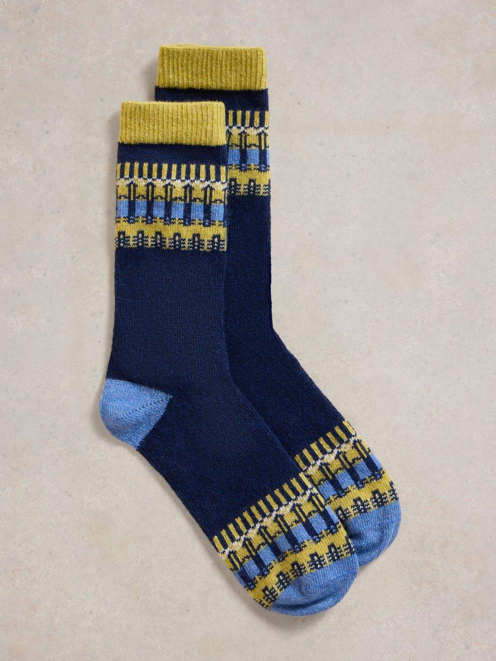 Pop Fairisle Wool Mix Sock in NAVY MULTI - FLAT FRONT