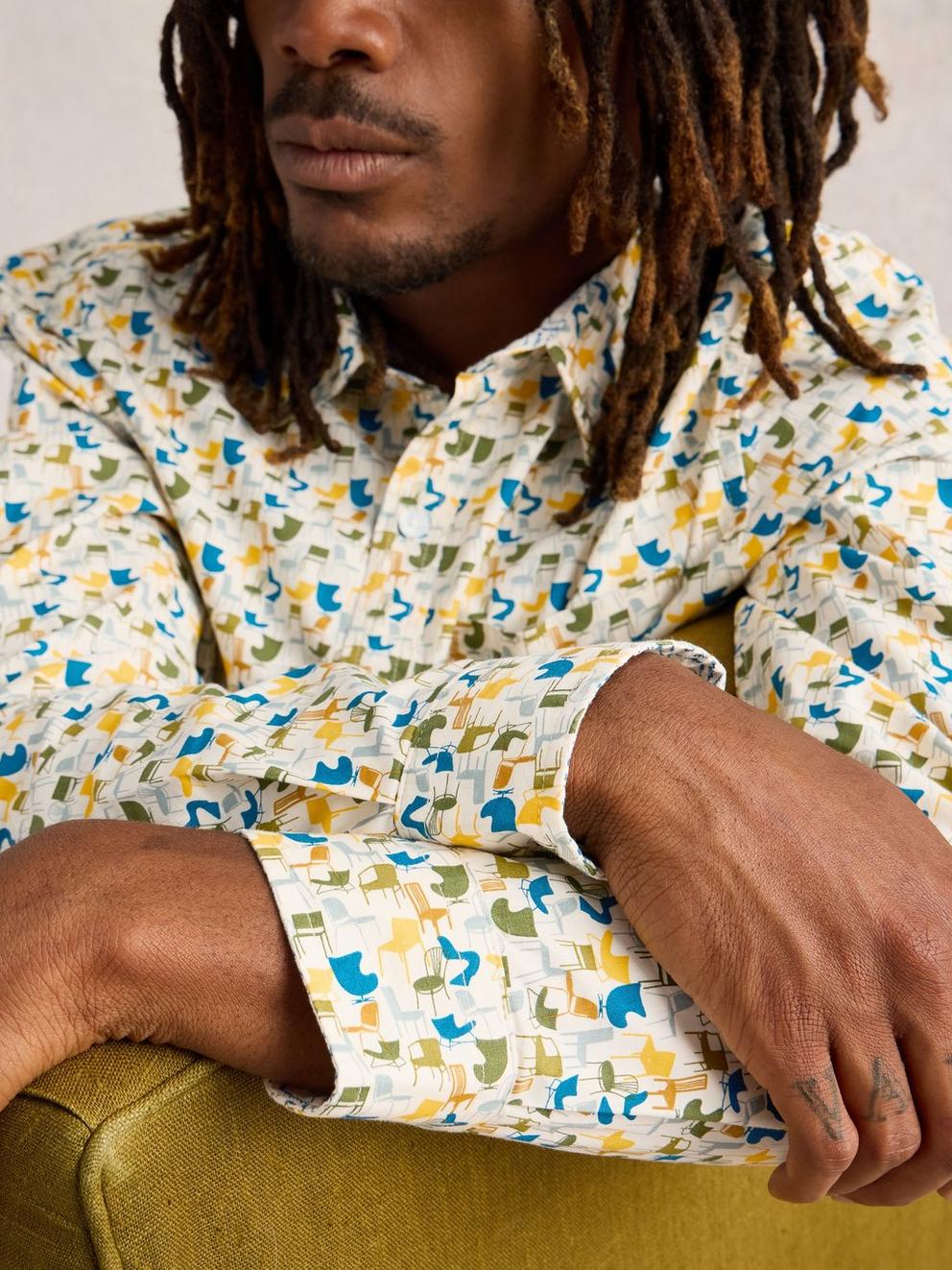 Multi Chair Printed Shirt in WHITE MLT - MODEL DETAIL