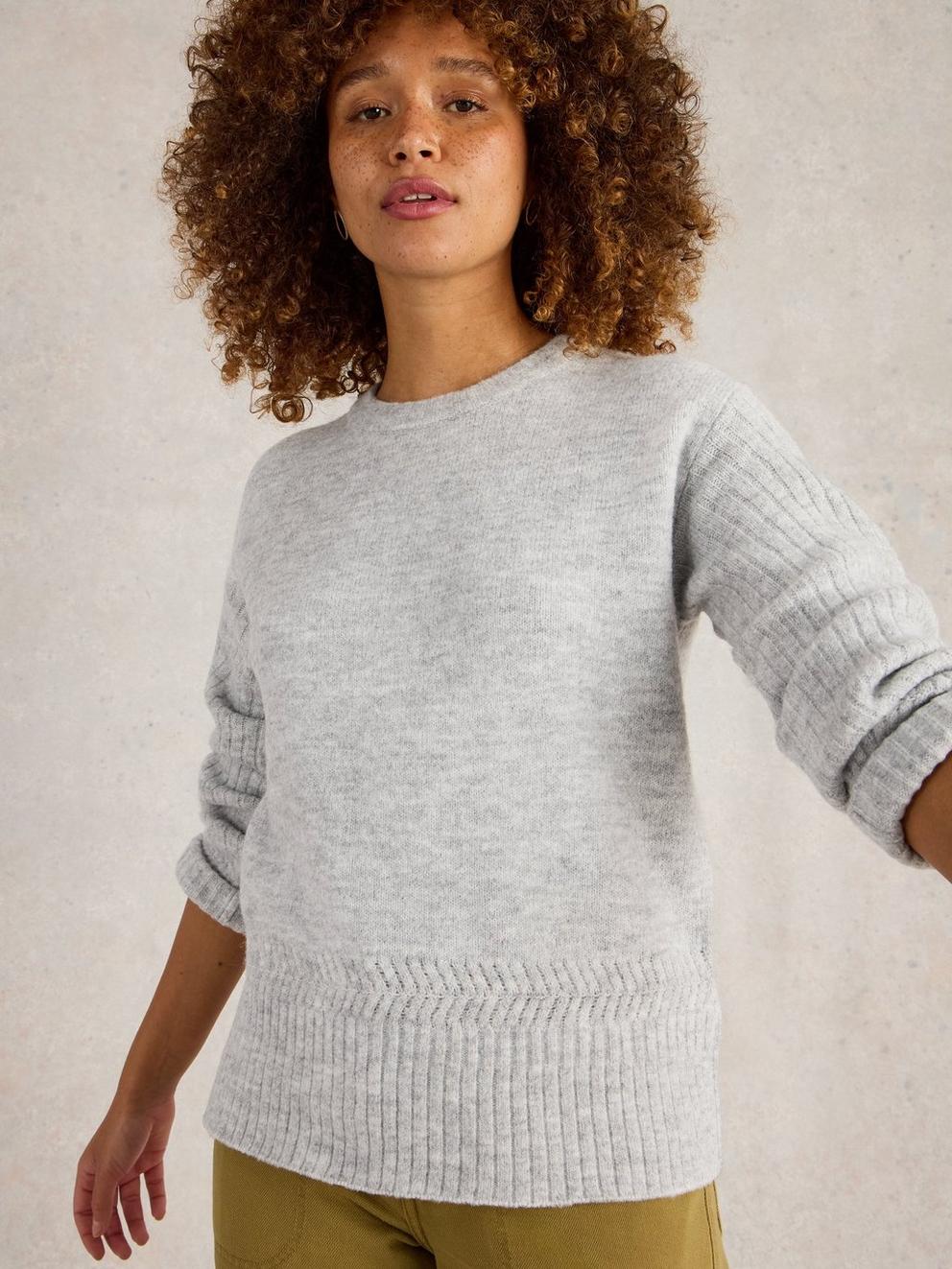 SOPHIA CREW NECK JUMPER in GREY MARL - MODEL DETAIL