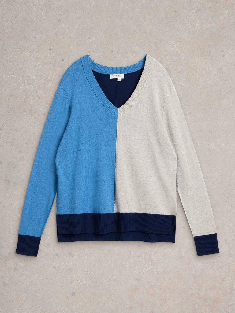 MAGGIE LONG SLEEVE V NECK JUMPER in BLUE MLT - FLAT FRONT