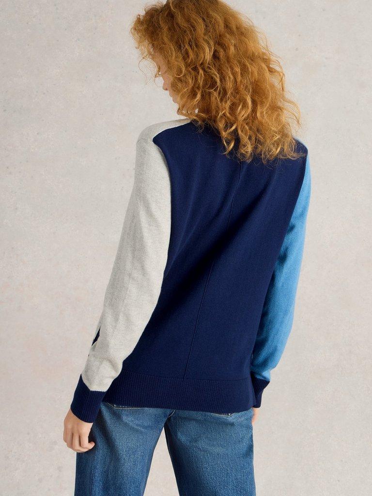 MAGGIE LONG SLEEVE V NECK JUMPER in BLUE MLT - MODEL BACK