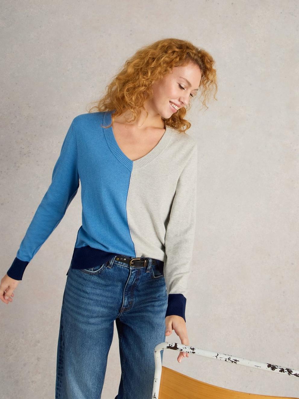 MAGGIE LONG SLEEVE V NECK JUMPER in BLUE MLT - MODEL DETAIL