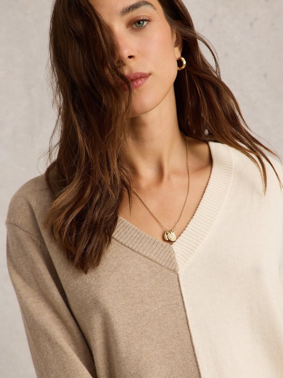 MAGGIE LONG SLEEVE V NECK JUMPER in NAT MLT - MODEL DETAIL
