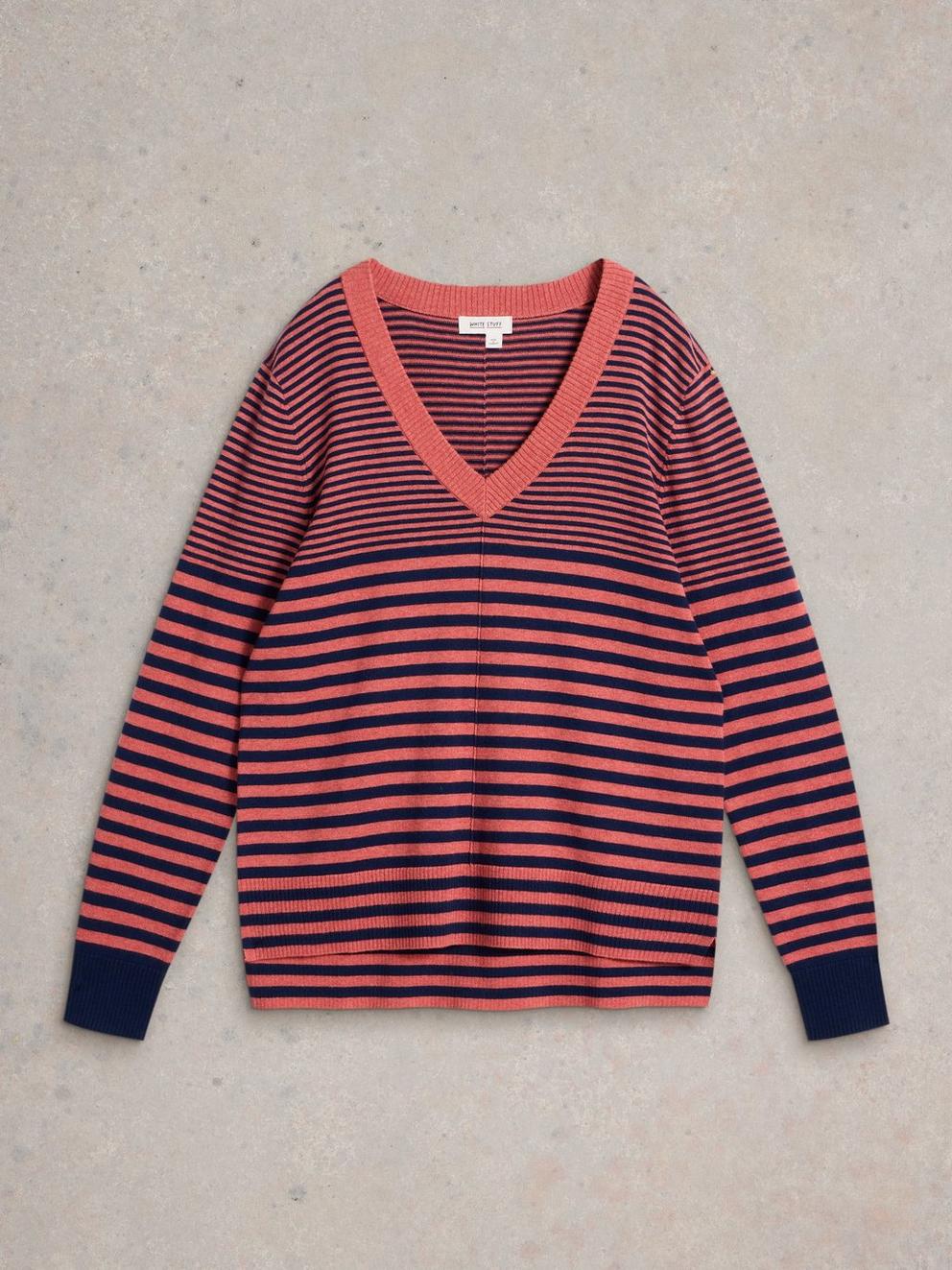 MAGGIE LONG SLEEVE V NECK JUMPER in PINK MLT - FLAT FRONT