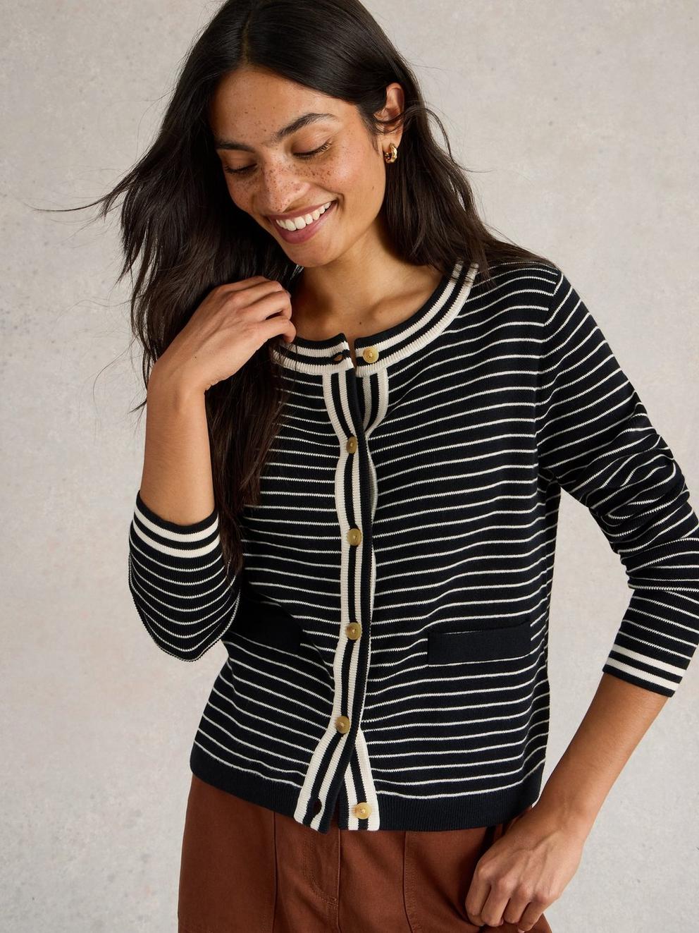 CHARLOTTE STRIPE CARDI in BLK MLT - MODEL DETAIL