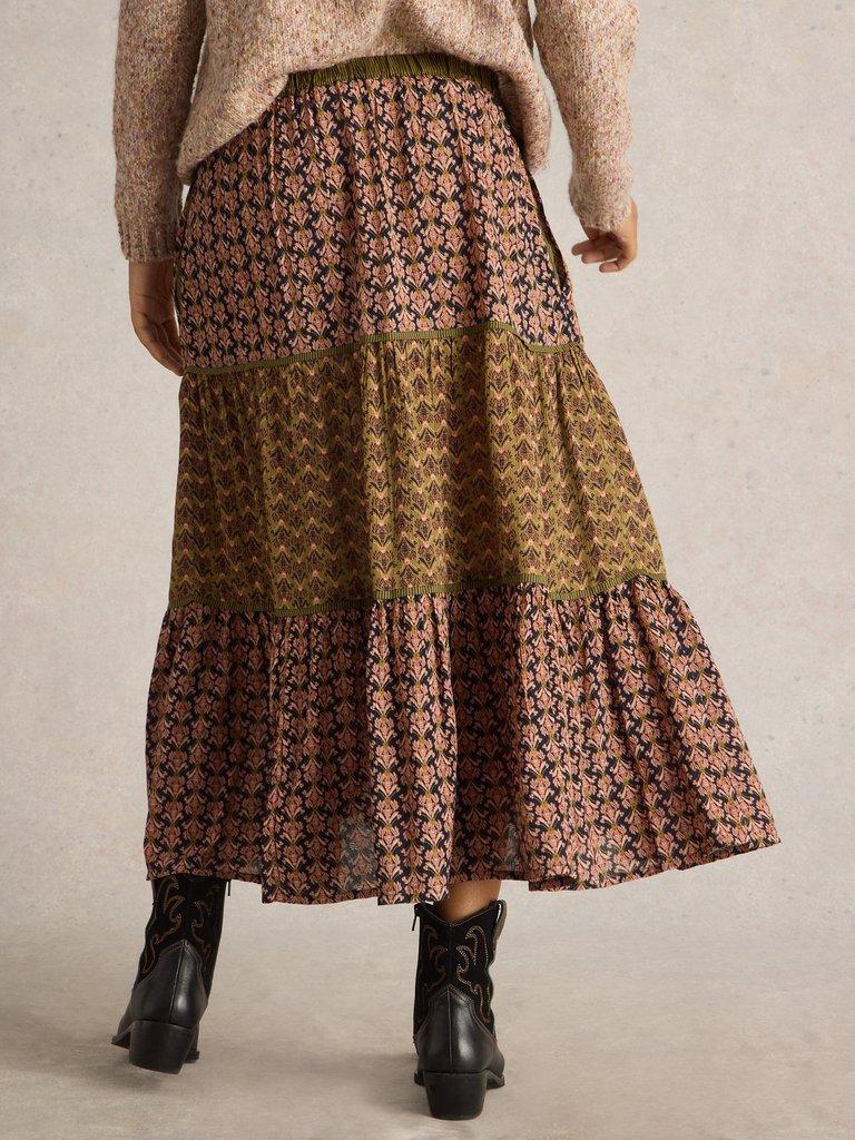 Mabel Mixed Print Midi Skirt in BLK MLT - MODEL BACK