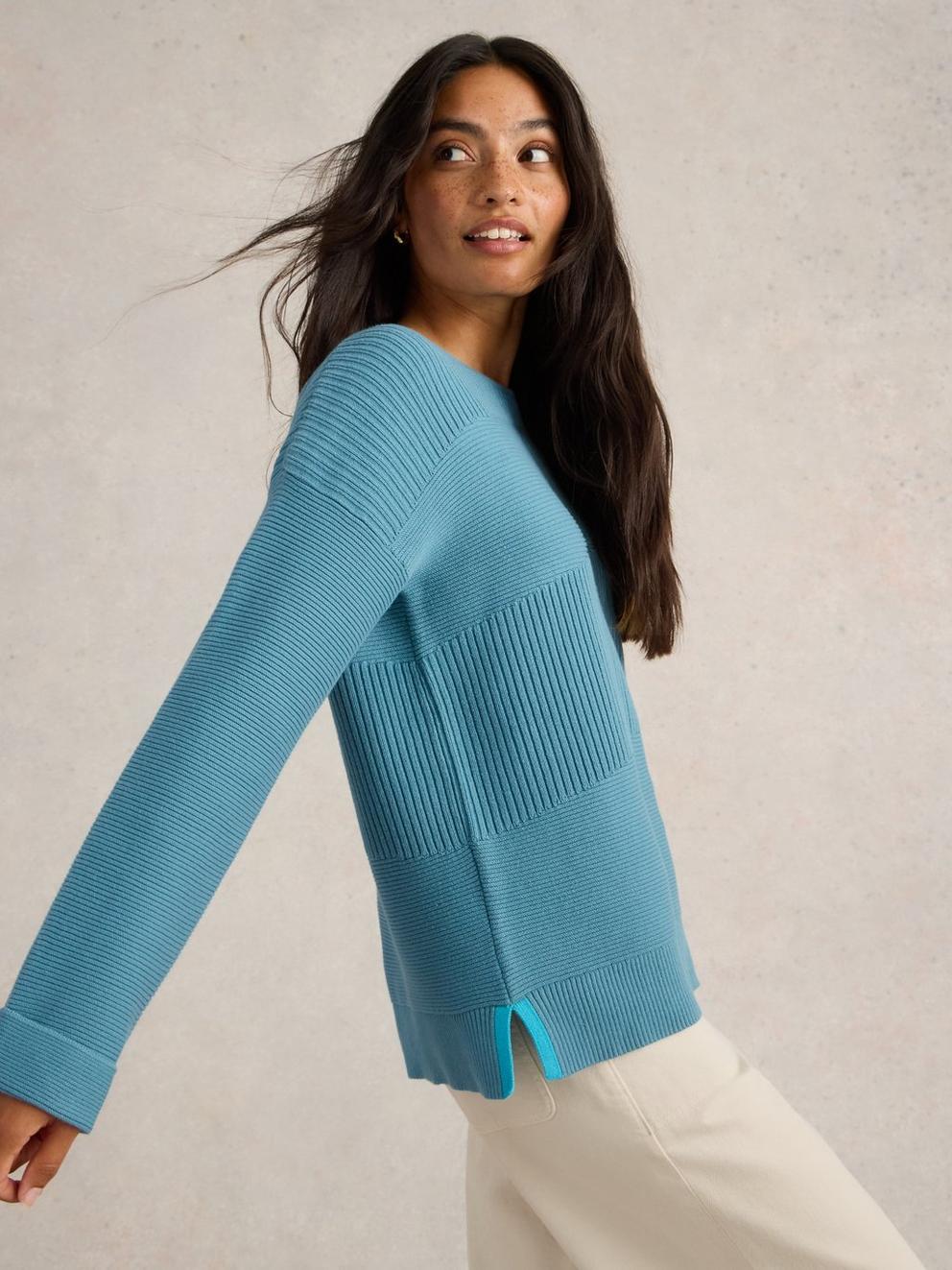 JANA MIX STITCH JUMPER in MID BLUE - LIFESTYLE