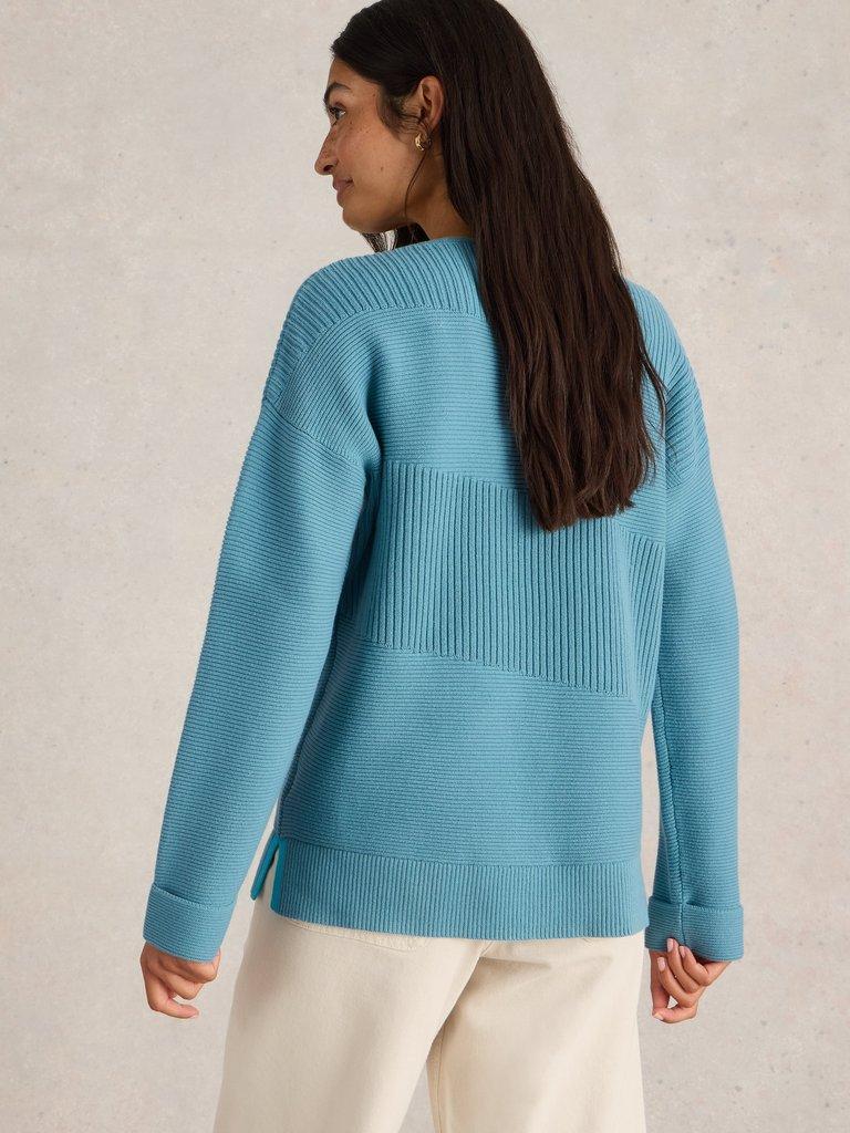 JANA MIX STITCH JUMPER in MID BLUE - MODEL BACK